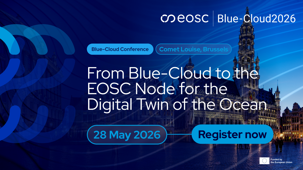 blue-cloud final event banner, it includes the twinfinity eosc logo, a button to register, and as a background the city of Brussels