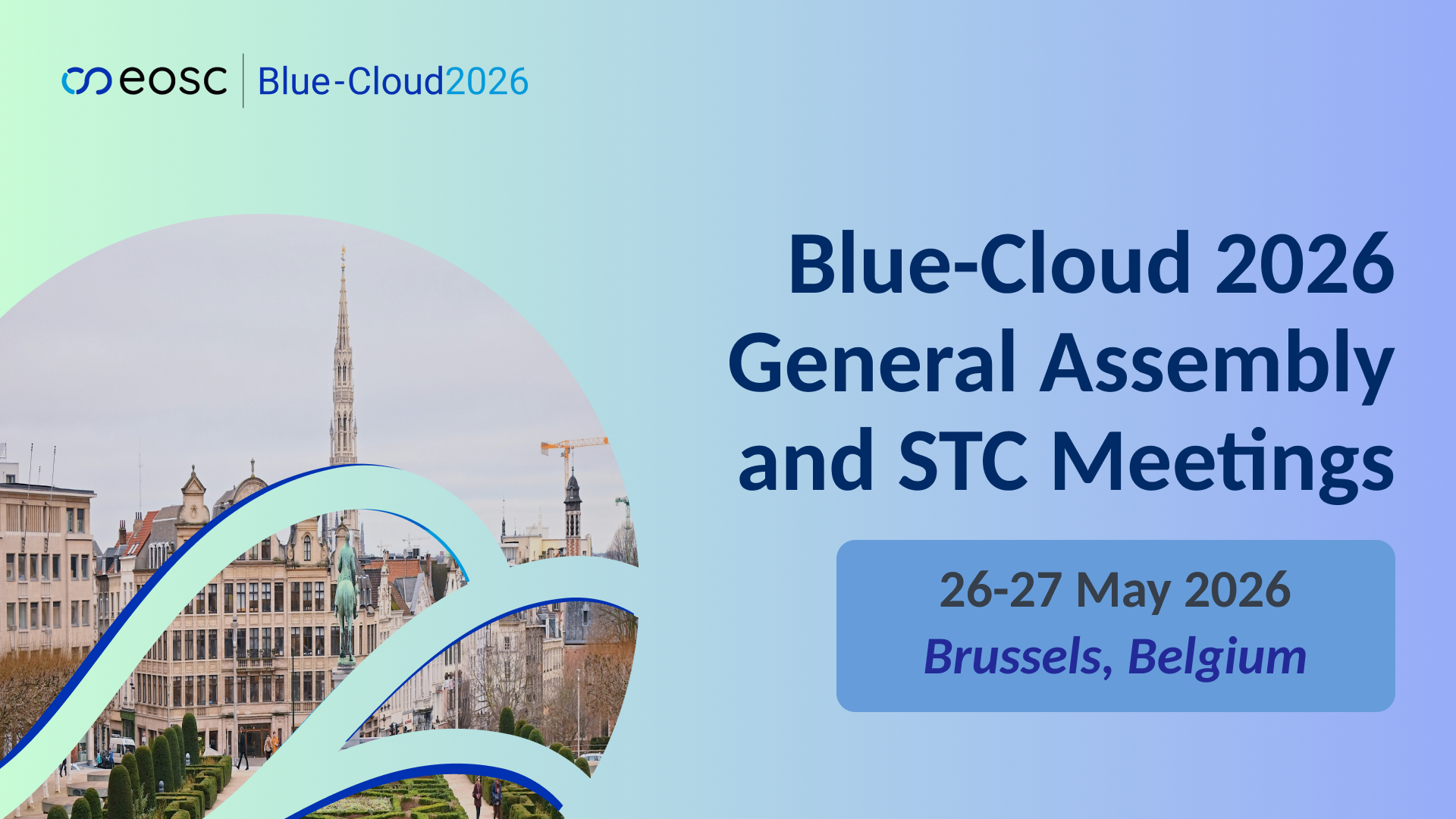 blue-cloud general assembly meeting banner, gradient with blue toned hues, blue-cloud logo, and a picture of Mont des Arts in Brussels